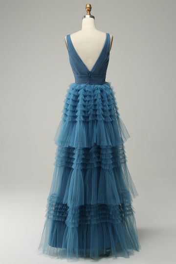 Vestido de Graduación Azul Cuello en V Espalda Abierta